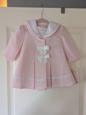 Bonnie Baby Pink Houndstooth Dress Coat with White Bow Trim